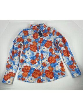 Lands End Size 2 No Iron Supima Cotton Blue Tangerine Zest Floral Button-Up Top